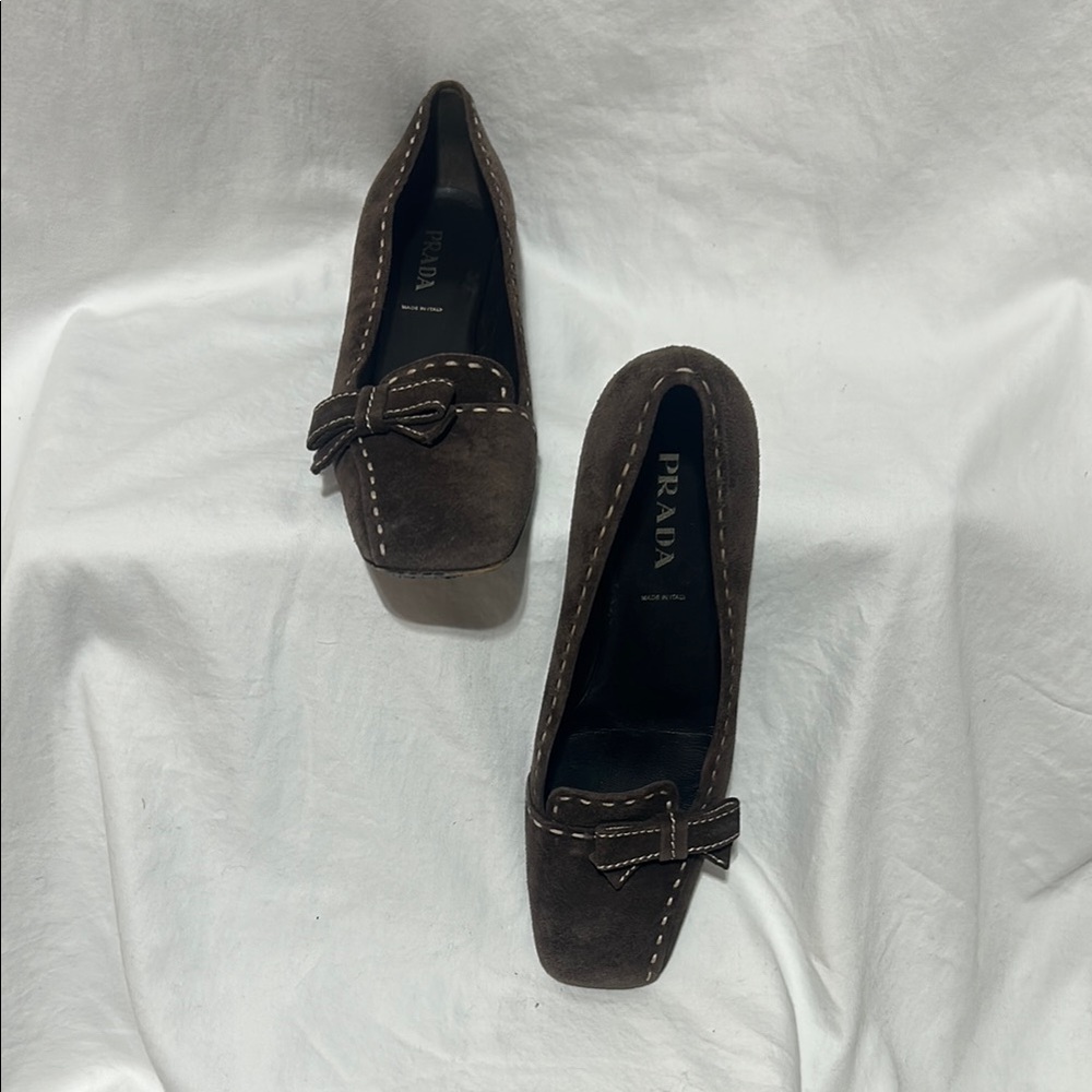 Prada Women's Dark Brown Suede Loafers with Bow